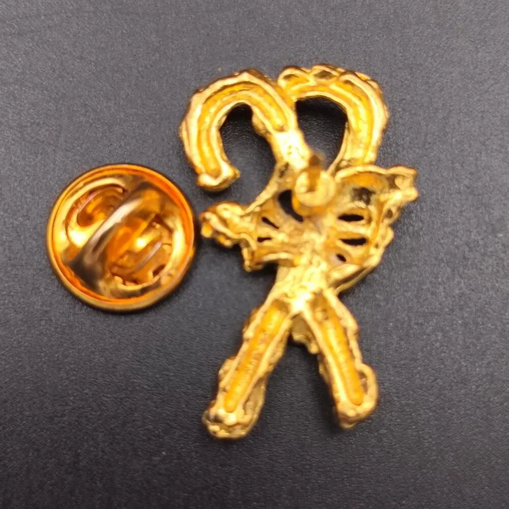 Vintage Gold Tone Candy Cane Bow Brooch Pin Clear Rhinestone Holiday Christmas